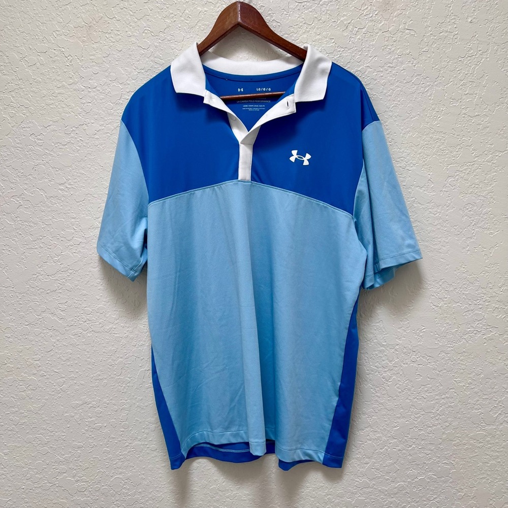 Under Armour Mens Performance Polo Shirt Blue Colorblock‎ Loose Fit Large LG
